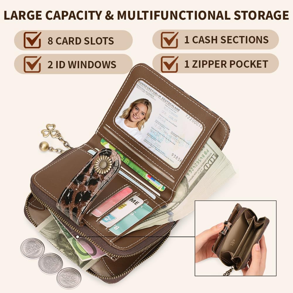 HOTWallet Women RFID Blocking Leather with Zipper Coin Pocket, Compact Small Wallet with Cash Section,8 Credit Card Holder,2 ID Window (Leopard)