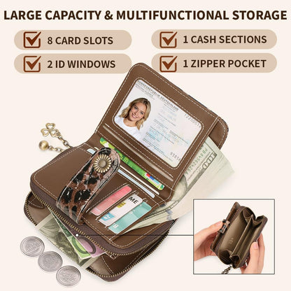 HOTWallet Women RFID Blocking Leather with Zipper Coin Pocket, Compact Small Wallet with Cash Section,8 Credit Card Holder,2 ID Window (Leopard)