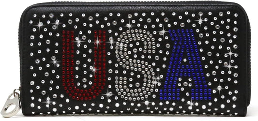 HOTHANDBAG EXPRESS HE Bling Rhinestone Zip Wallet for Women Purse (7384 Black)