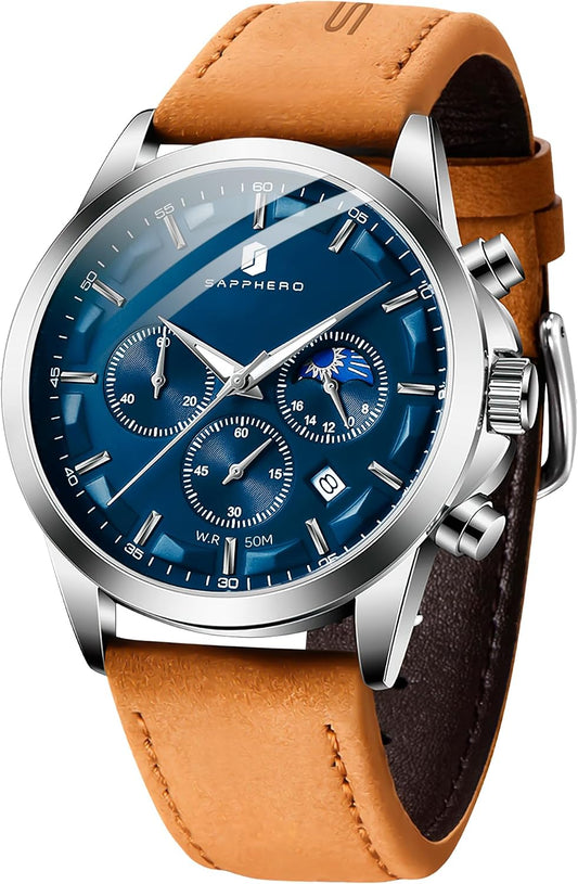 HOTSAPPHERO Chronograph Watches for Men, Original Business Casual Stainless Steel Analog Watch 50M Waterproof Luminous Watches with Date Dial, Mens Gift