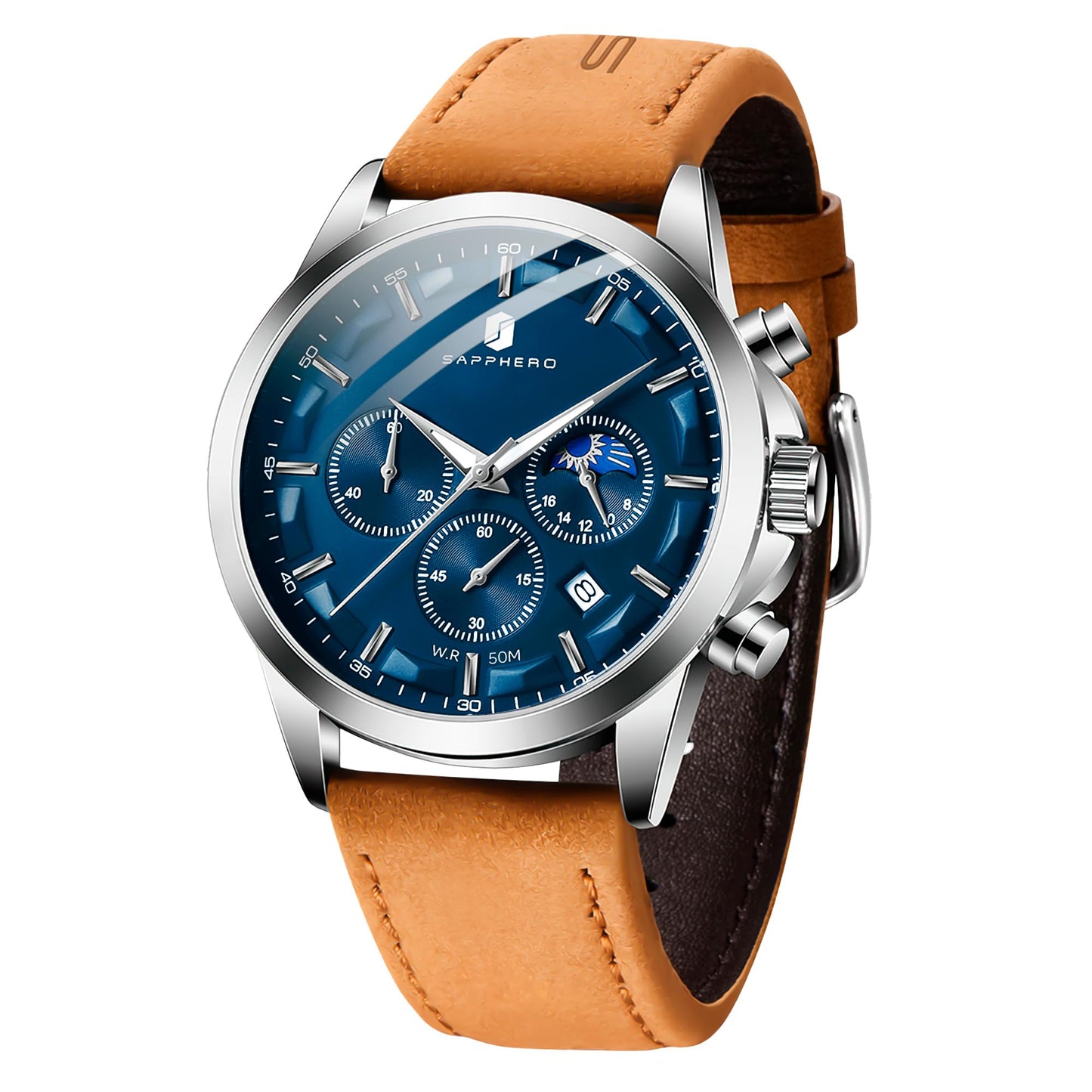HOTSAPPHERO Chronograph Watches for Men, Original Business Casual Stainless Steel Analog Watch 50M Waterproof Luminous Watches with Date Dial, Mens Gift