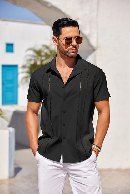 HOTCOOFANDY Men's Cuban Guayabera Shirt Short Sleeve Button Down Shirts Casual Summer Beach Linen Shirts