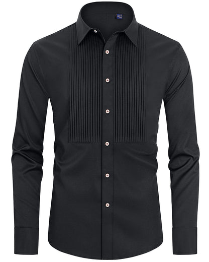 HOTJ.VER Men's Tuxedo Shirt Formal Dress Shirt Pleated Long Sleeve Button Down Shirts for Prom Party Wedding