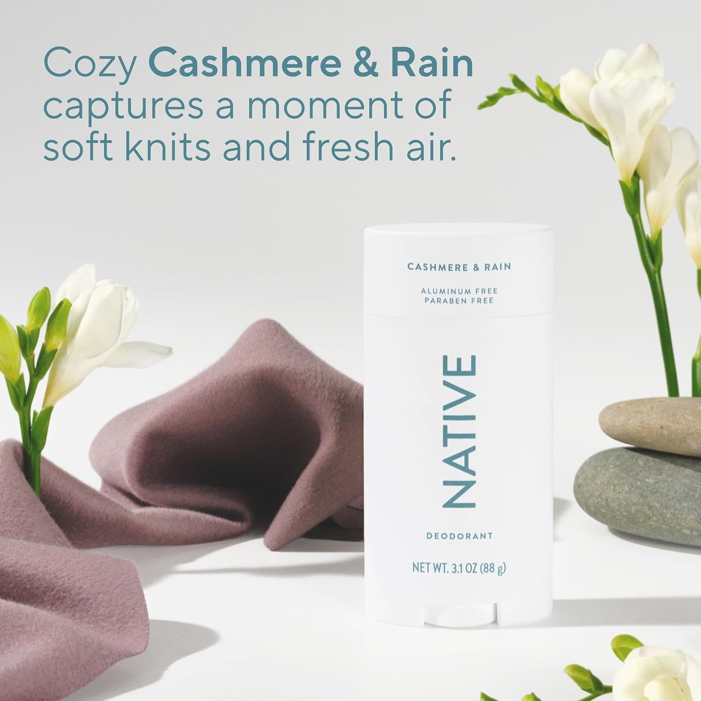 HOTNative Aluminum Free Deodorant, Cashmere & Rain, Large Size Stick, 72 Hour Odor Control, for Women & Men, Contains Naturally Derived Ingredients, 3.1 oz