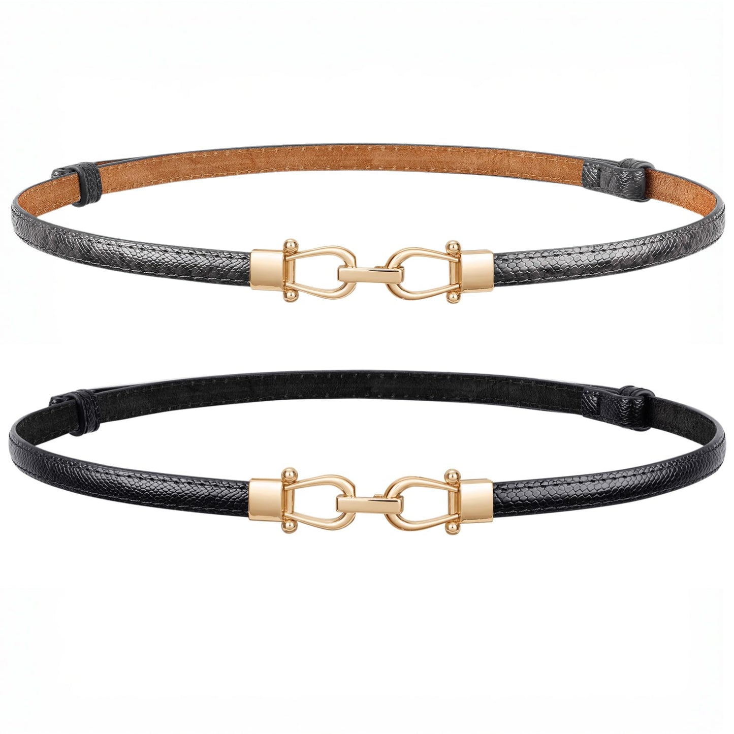 HOTJASGOOD Leather Skinny Belts for Women Plus Size Ladies Thin Waist Belts Adjustable for Jeans Pants Dresses with Gold Buckle