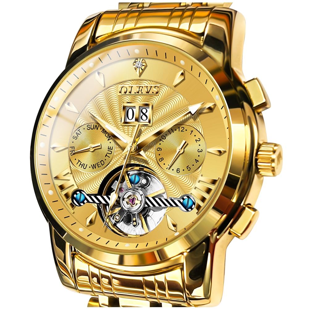 HOTOLEVS Self Winding Watches for Men Automatic Mechanical Dress Tourbillon Stainless Steel Dual Calendar Waterproof Luminous Wrist Watch