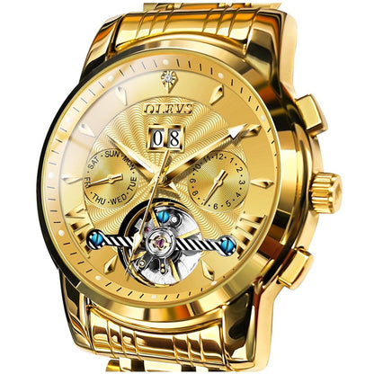 HOTOLEVS Self Winding Watches for Men Automatic Mechanical Dress Tourbillon Stainless Steel Dual Calendar Waterproof Luminous Wrist Watch