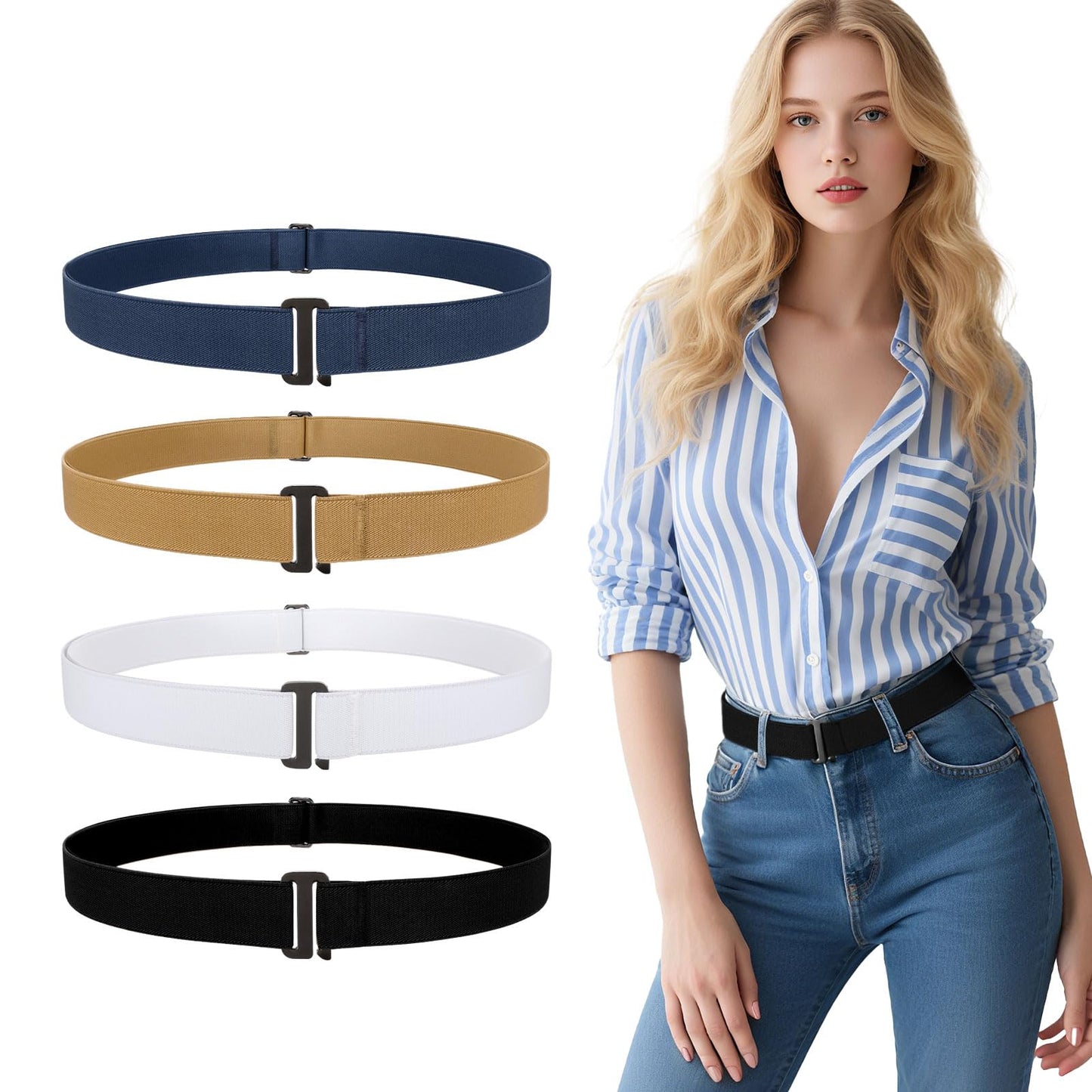 HOTJASGOOD 3/4/5/6 Pack No Show Stretch Belts for Women Invisible Elastic Belt for Jeans Pants Shirt Sweater Tuck Band