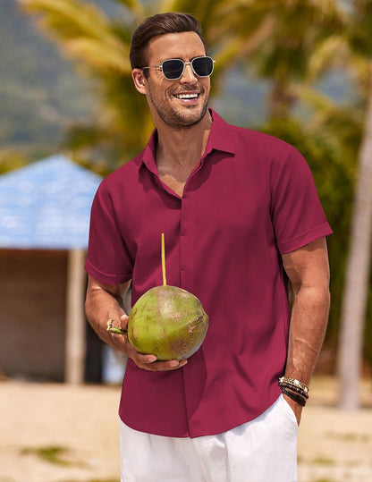 HOTCOOFANDY Men's Linen Shirts Short Sleeve Casual Shirts Button Down Shirt for Men Beach Summer Wedding Shirt