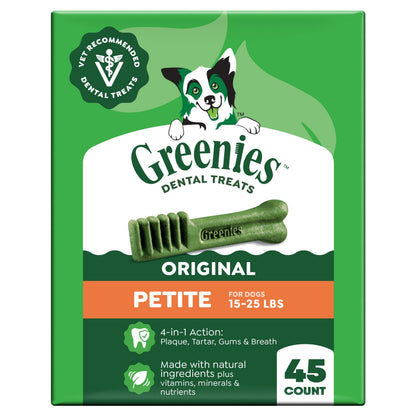 HOTGreenies Petite Natural Dental Dog Treats, Original Flavor, 60 Count | Original Flavor, 47% less tartar, freshens breath, natural ingredients, vitamins & minerals, for dogs 15-25 lbs, 36 oz. Pack