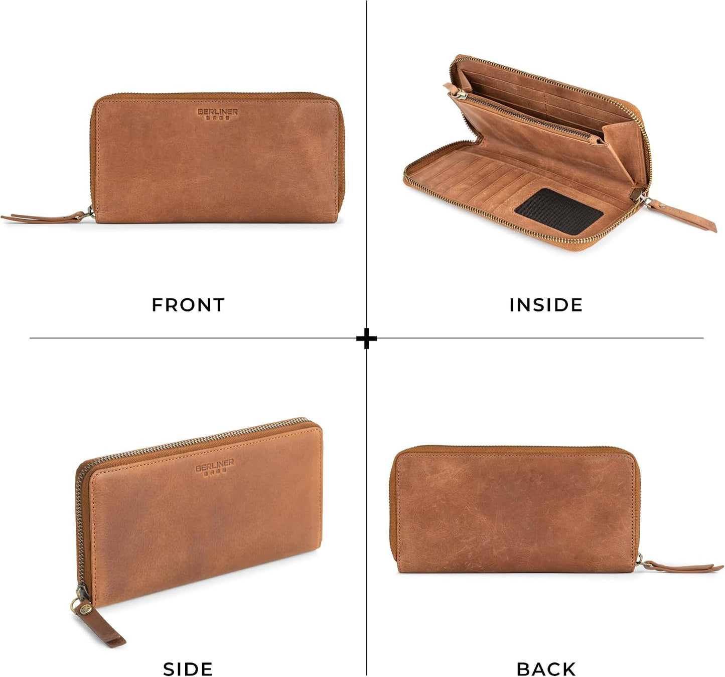 HOTBERLINER BAGS Genuine Leather Zip Wallet Women Margo, Gift Box – Brown | Soft Leather Zip Around Wallet, Fit up to Phone 6.9", 12 Card Slots, 1 ID Window, 1 Coin Pocket, RFID Blocking