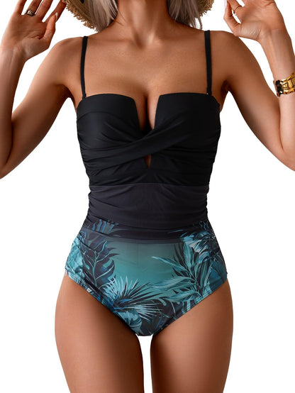 HOTEomenie Women's Push Up Wrap Front Swimsuit One Piece Slimming Bathing Suit | Ruched Tummy Control, Bandeau Strapless with Detachable Strap, Cutout Twist ,Tie Back, Support Bra Swimwear Beach Swimming