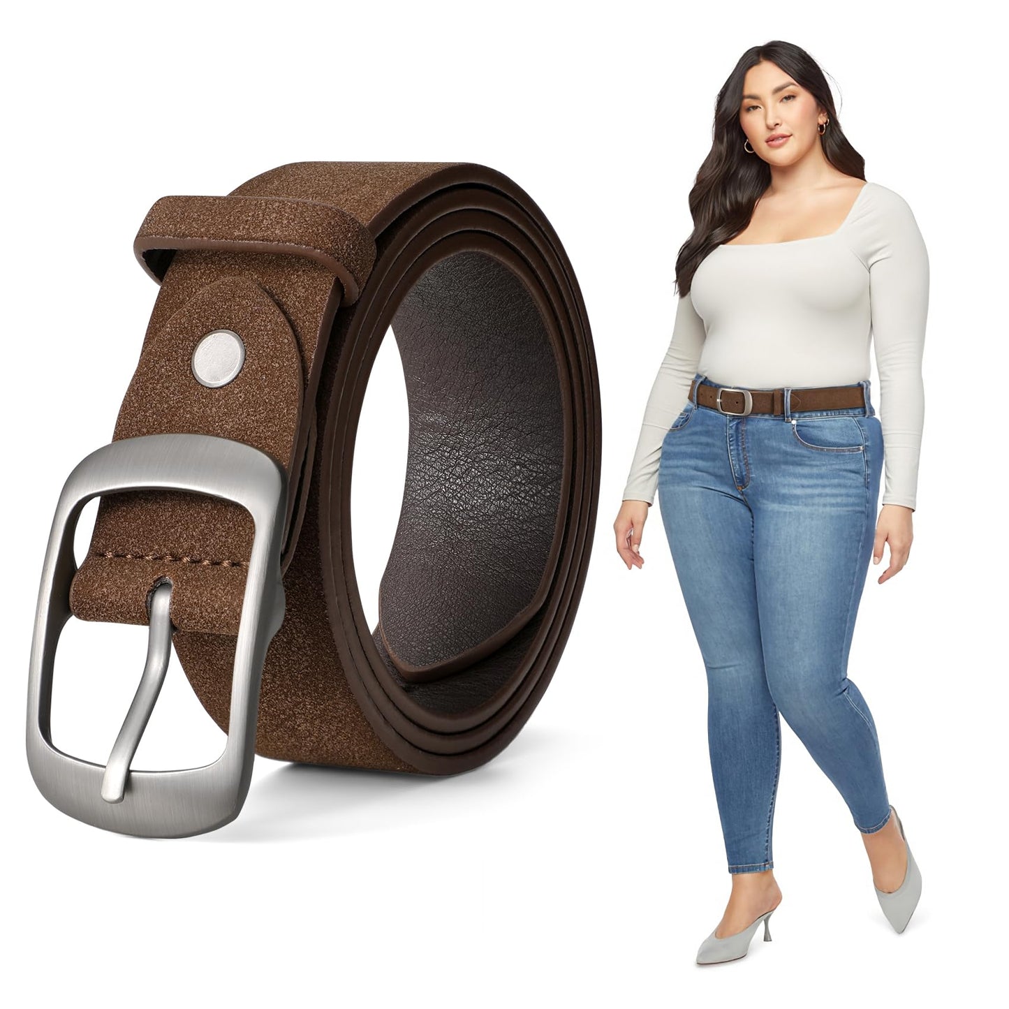 HOTJASGOOD Plus Size Women Leather Belt Black Casual Waist Belt for Jeans Pants with Metal Pin Buckle