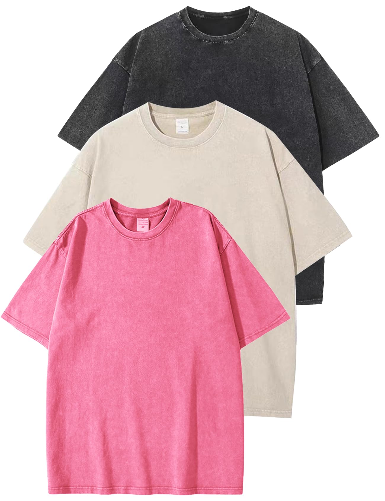 HOTFlygo 3 Pack Men Oversized T Shirts Acid Washed Unisex Tee Loose Fit Short Sleeve Casual Streetwear Baggy Basic Tops