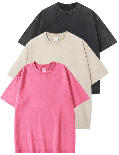 HOTFlygo 3 Pack Men Oversized T Shirts Acid Washed Unisex Tee Loose Fit Short Sleeve Casual Streetwear Baggy Basic Tops