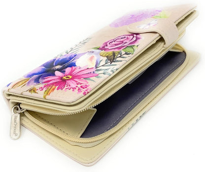 HOTShag Wear Floral Garden Large Wallet Vegan Faux Leather Botanical Design Clutch with Card Slots Bill Compartments ID Window Zippered Coin Pocket 7" Beige