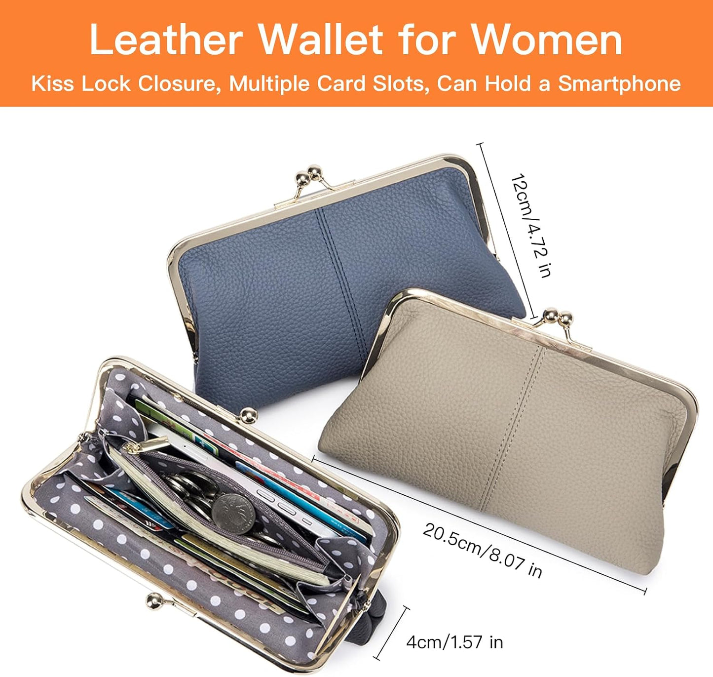 HOTGenuine Leather Long Kiss Lock Wallet for Women – RFID Blocking Handheld Clutch Purse with 8 Card Slots, Money Clip, Zipper Coin Pocket for Travel, Work, Everyday Use – Gift for Her (Black)
