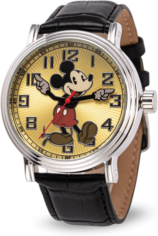 HOTFull Color Mickey Mouse Head Silhouette Watch for Men \u2013 Iconic Mickey Mouse Watches for Men \u2013 Stylish Watch \u2013 Classic Watches with Silver Dial &amp; Black Leather Bracelet