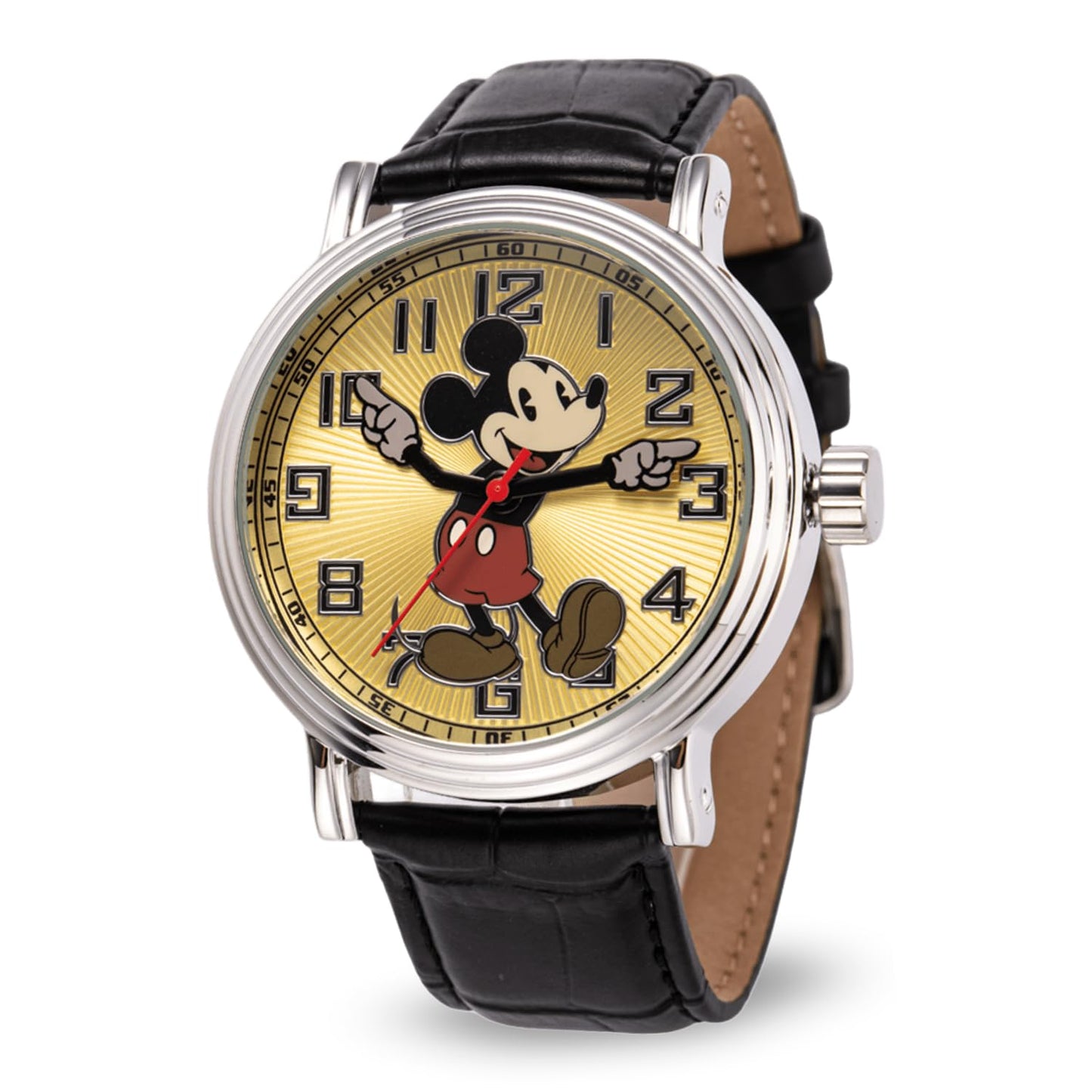 HOTFull Color Mickey Mouse Head Silhouette Watch for Men \u2013 Iconic Mickey Mouse Watches for Men \u2013 Stylish Watch \u2013 Classic Watches with Silver Dial &amp; Black Leather Bracelet