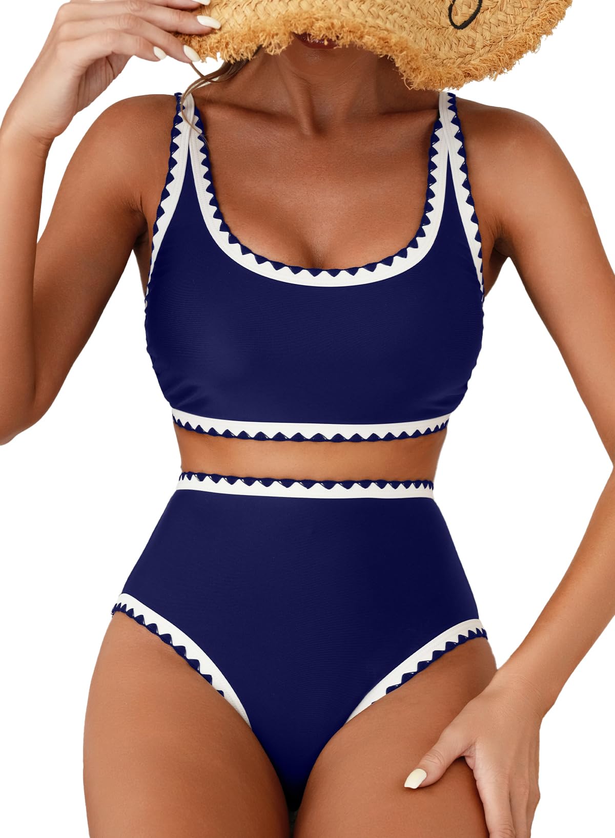 HOTHerseas Women's Bikini Sets Floral Print Whip Stitch 2 Piece Swimsuits High Waisted Scoop Bathing Suits