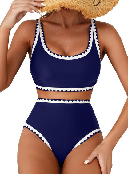 HOTHerseas Women's Bikini Sets Floral Print Whip Stitch 2 Piece Swimsuits High Waisted Scoop Bathing Suits