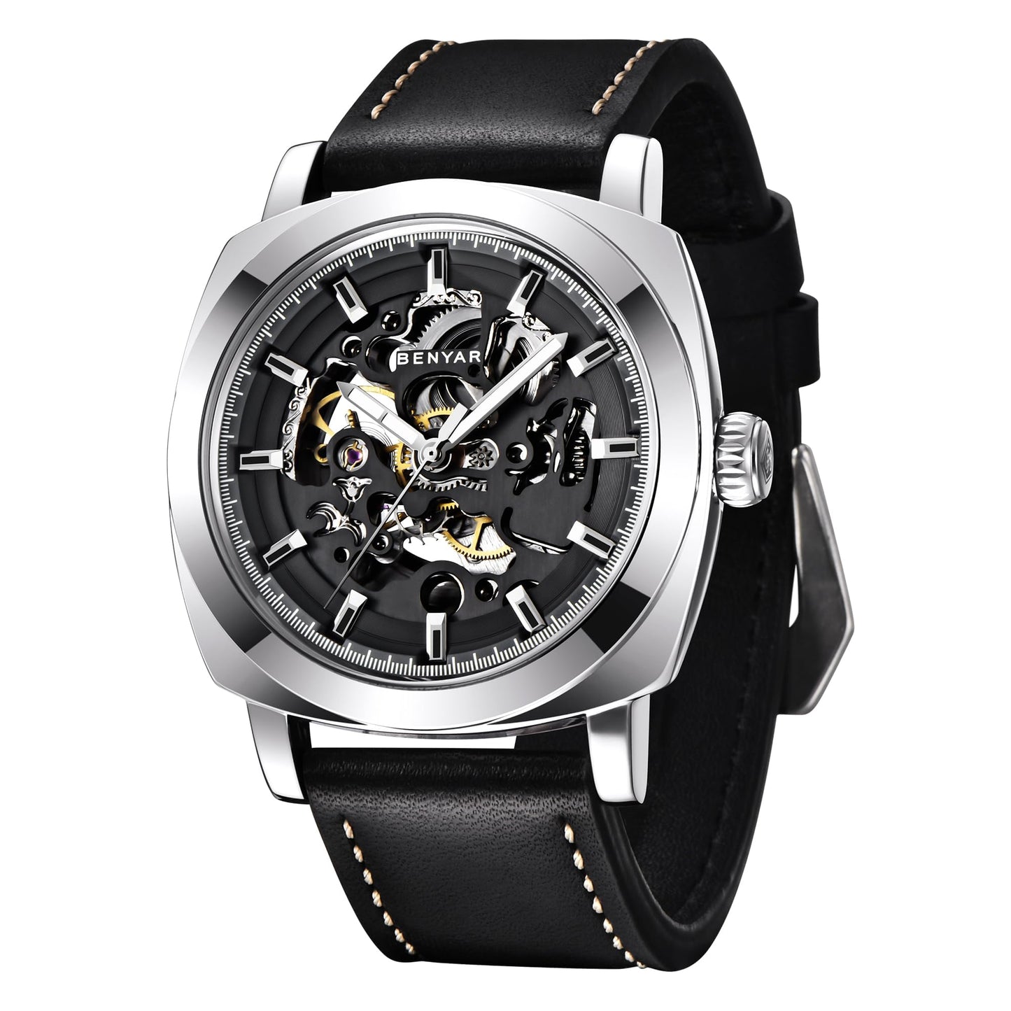 HOTBENYAR Men's Mechanical Automatic Watch | Leather Strap | Gold Movement | 45mm Skeleton Dial | Water Resistant and Scratch Resistant Stylish Gift