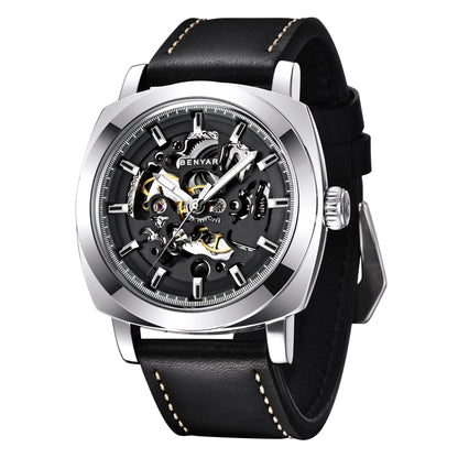 HOTBENYAR Men's Mechanical Automatic Watch | Leather Strap | Gold Movement | 45mm Skeleton Dial | Water Resistant and Scratch Resistant Stylish Gift