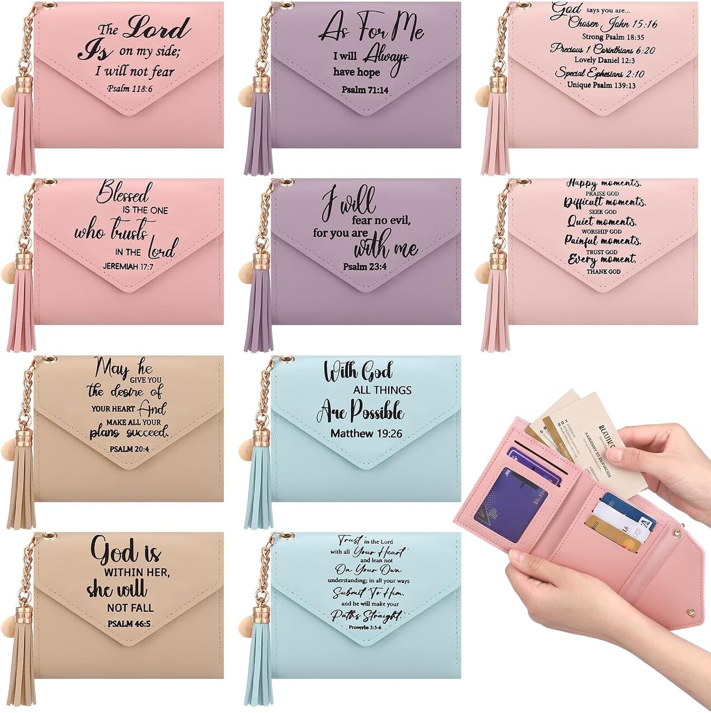 HOT10 Pcs Small Scripture Coin Purse Christian Church Bulk Gifts for Women Religious Purse Pouch with Tassel for Travel Women Employee(Colorful,Scripture)