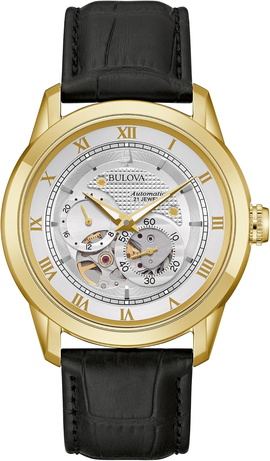 HOTBulova Men's Classic Sutton 4-Hand Automatic Watch, 24-Hour Sub Dial, Open Aperture, Self-Winding, Exhibition Caseback, Double Curved Mineral Crystal, Luminous Hands, 42mm