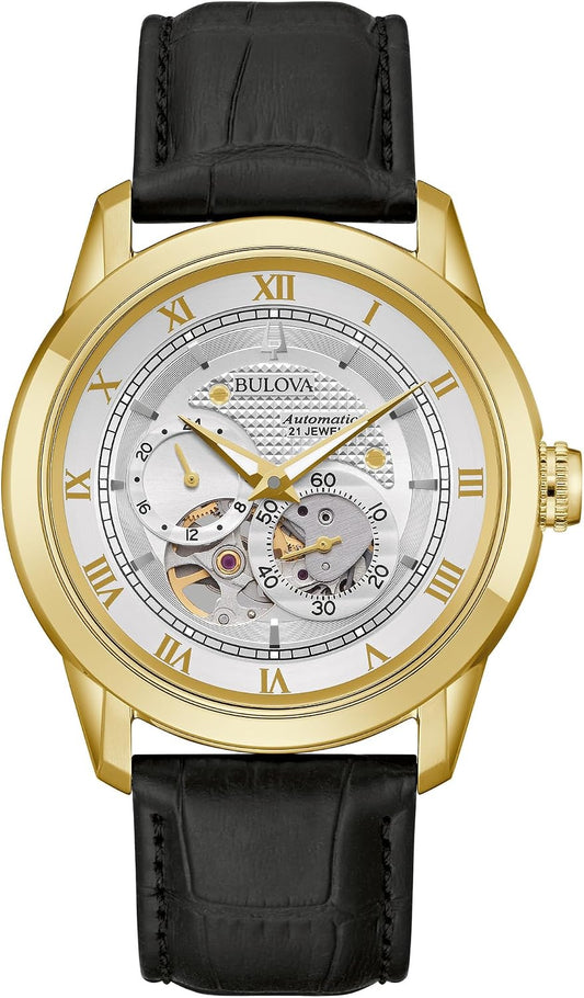 HOTBulova Men's Classic Sutton 4-Hand Automatic Watch, 24-Hour Sub Dial, Open Aperture, Self-Winding, Exhibition Caseback, Double Curved Mineral Crystal, Luminous Hands, 42mm