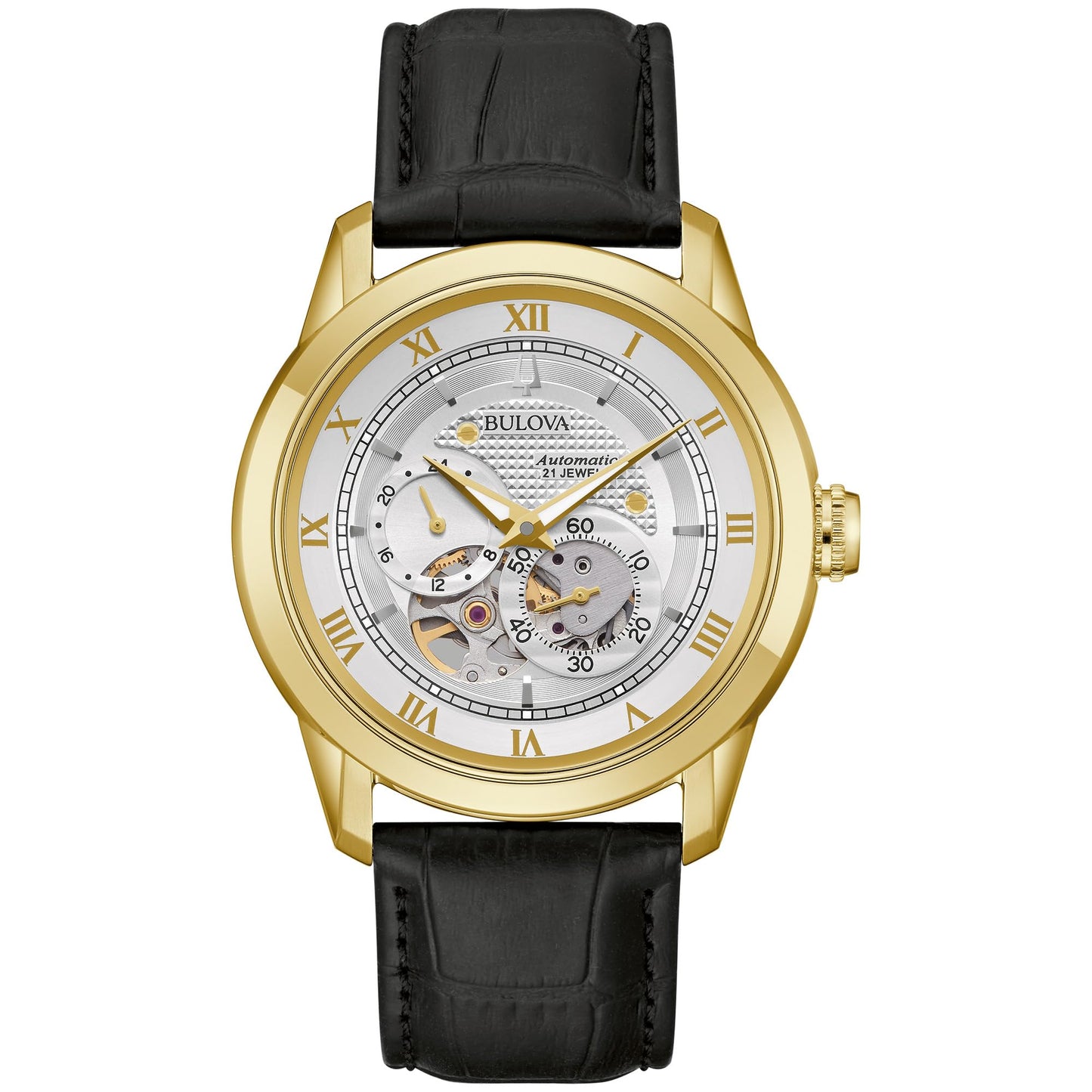 HOTBulova Men's Classic Sutton 4-Hand Automatic Watch, 24-Hour Sub Dial, Open Aperture, Self-Winding, Exhibition Caseback, Double Curved Mineral Crystal, Luminous Hands, 42mm