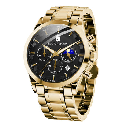 HOTSAPPHERO Men's Watches Stainless Steel Chronograph Waterproof Quartz-Business Casual Dress Watch for Men Luminous Date Gold/Silver/Black Design-Easy-to-Read Luxury Dial-Leather Unique Elegant Gift