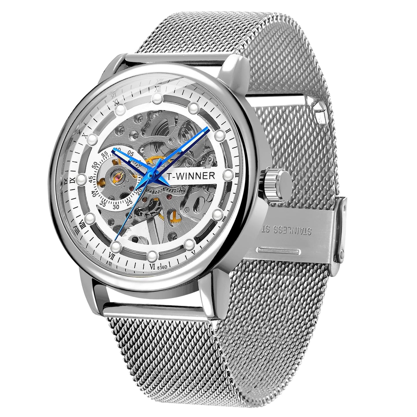 HOTMen's Skeleton Mechanical Roman Numeral Mesh Strap Watch, Hand Winding Mechanical Mesh Luminous Waterproof Watch for Men