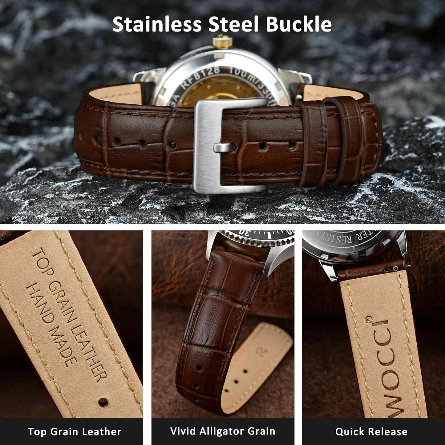 HOTWOCCI Watch Bands, Top Grain Leather, Embossed Alligator Grain, Quick Release, Band Width 18mm 20mm 22mm