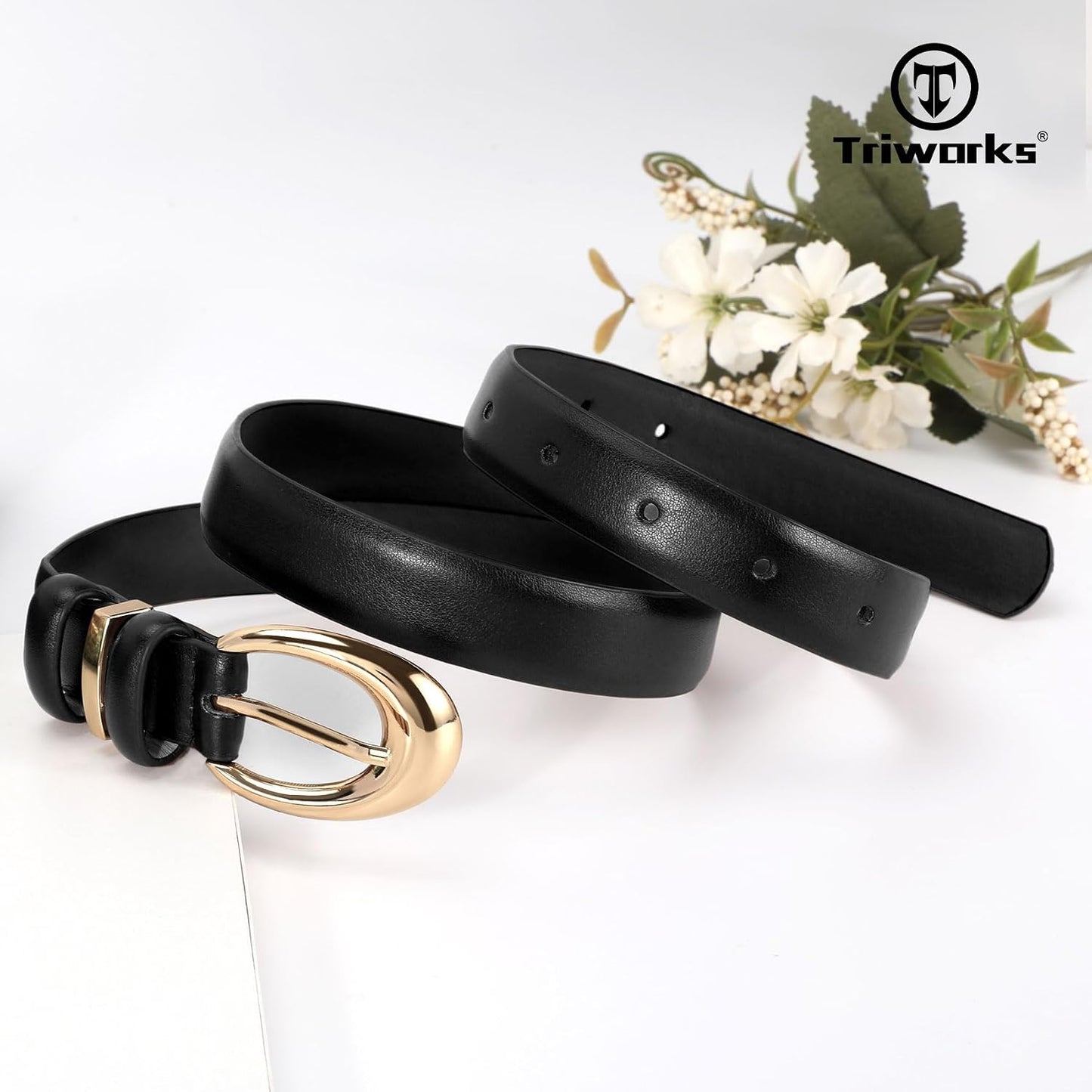 HOTTRIWORKS Women Leather Belt for Jeans Pants Fashion Ladies Skinny Faux Leather Dress belt with Gold Buckle