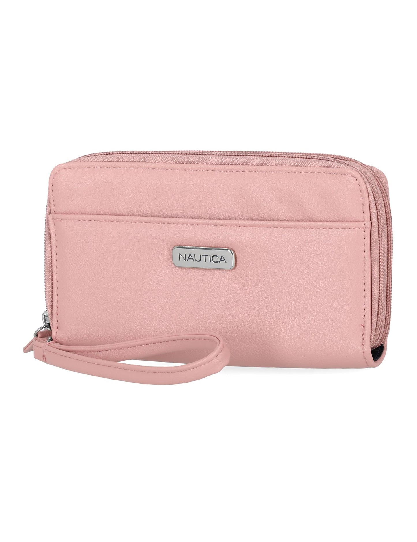 HOTNautica On The Double Zip Around Vegan Leather Womens RFID Clutch Wallet With Wristlet Strap, Fuego Red