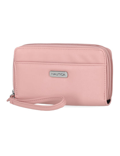 HOTNautica On The Double Zip Around Vegan Leather Womens RFID Clutch Wallet With Wristlet Strap, Fuego Red