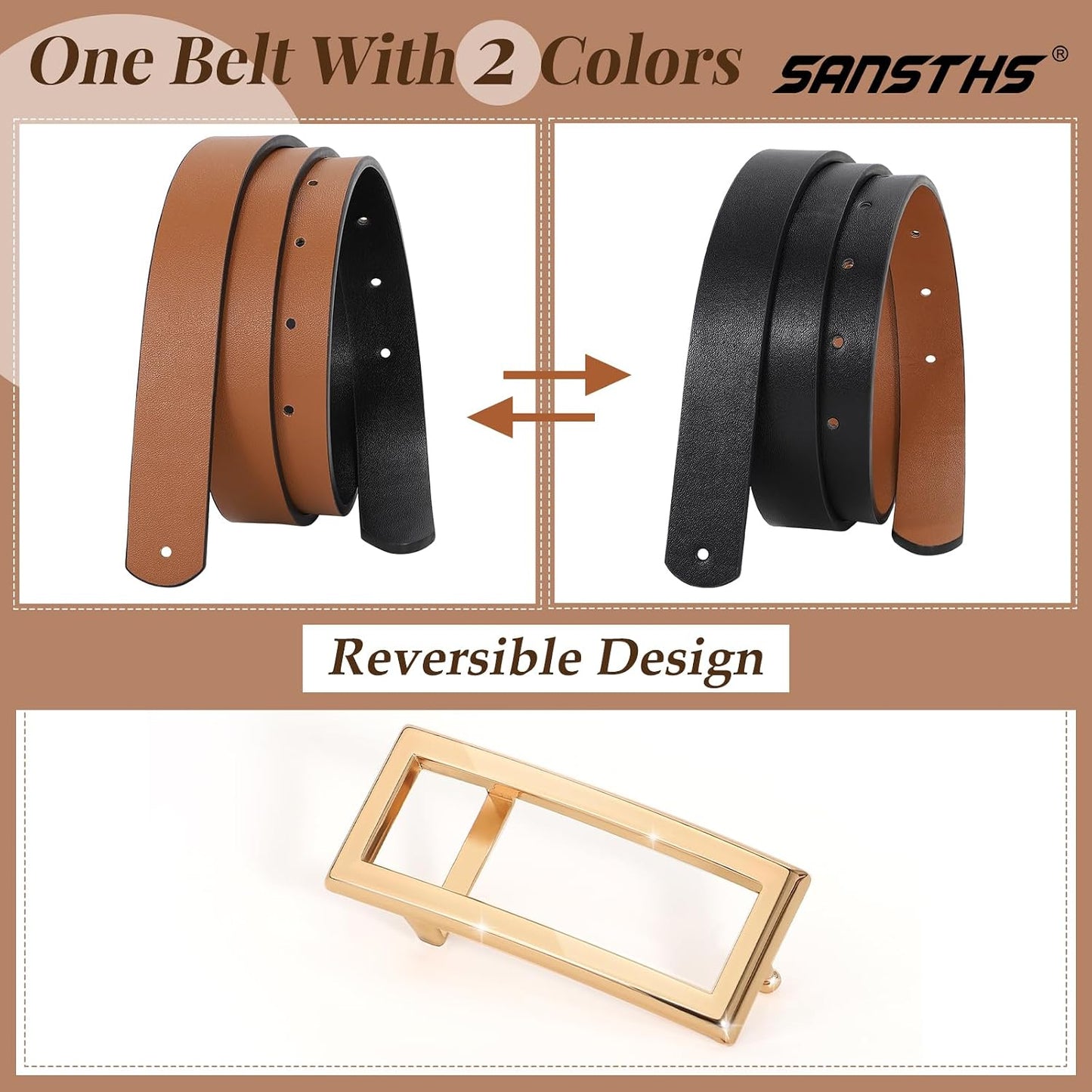 HOTSANSTHS Skinny Reversible Belts for Women, Two-in-one Women Thin Belt for Dresses Jeans Pants with Gold Buckle