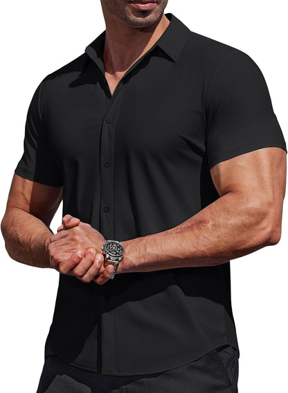 HOTCOOFANDY Mens Muscle Fit Dress Shirts Stretch Wrinkle Free Short Sleeve Button Down Shirt Casual Solid Untucked Shirt