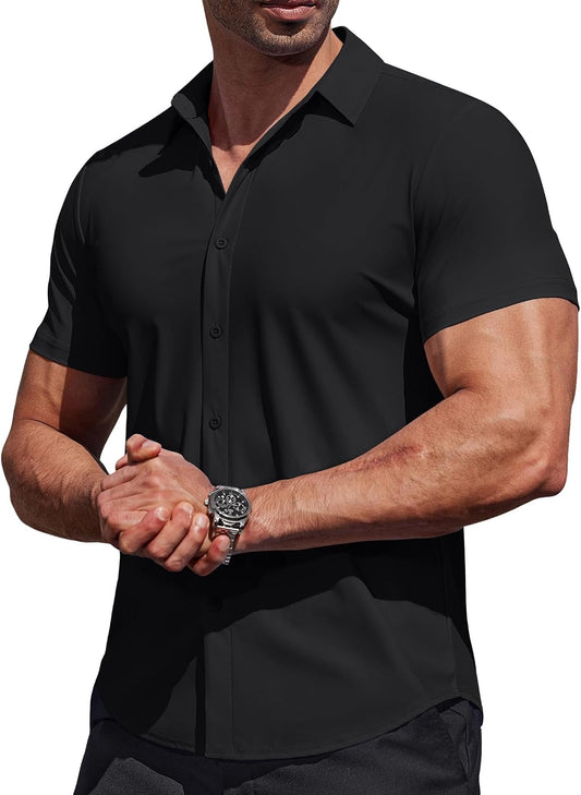 HOTCOOFANDY Mens Muscle Fit Dress Shirts Stretch Wrinkle Free Short Sleeve Button Down Shirt Casual Solid Untucked Shirt