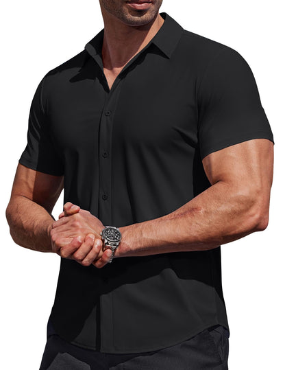 HOTCOOFANDY Mens Muscle Fit Dress Shirts Stretch Wrinkle Free Short Sleeve Button Down Shirt Casual Solid Untucked Shirt