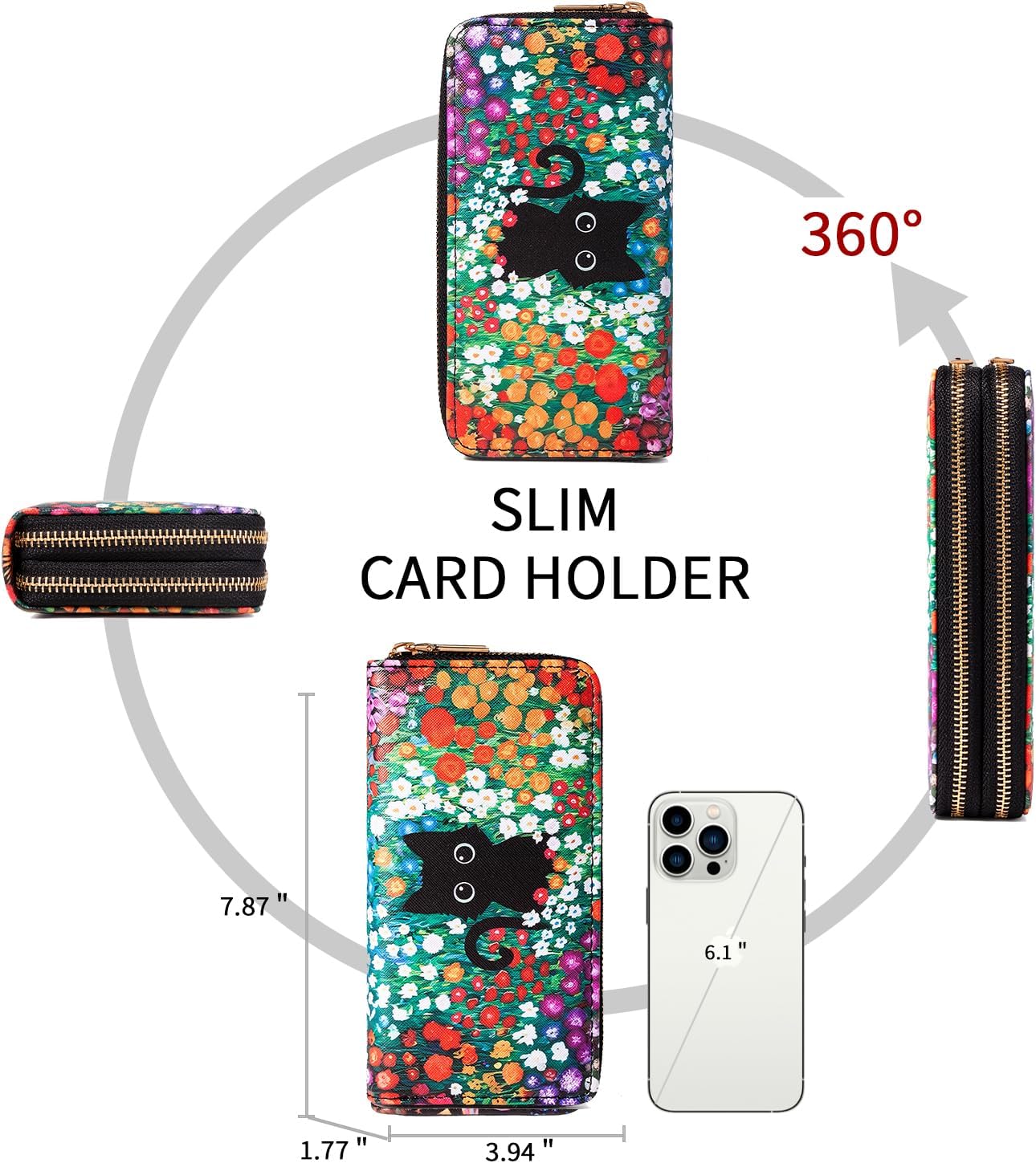 HOTBlack Cat Floral Double Zip Wallet for Women, Cute Kawaii Aesthetic Small Wallet with Card Slots & Coin Pocket, Compact Boho Travel Purse for Cat Lovers