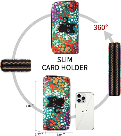 HOTBlack Cat Floral Double Zip Wallet for Women, Cute Kawaii Aesthetic Small Wallet with Card Slots & Coin Pocket, Compact Boho Travel Purse for Cat Lovers