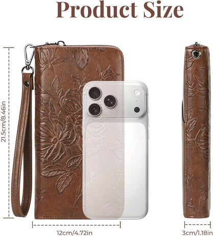 HOTWristlet Wallet for Women - Large Capacity RFID Leather Clutch | Premium vegan leather, rose embossed with a pen slot. Fits phones up to 6.9". 15 card slots & RFID. Ideal for travel & daily.