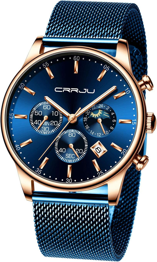 HOTCRRJU Men's Fashion Casual Watches Auto Date Chronograph Watch Men Nice Work Watches Waterproof 30M Full Steel Quartz with Mesh Strap