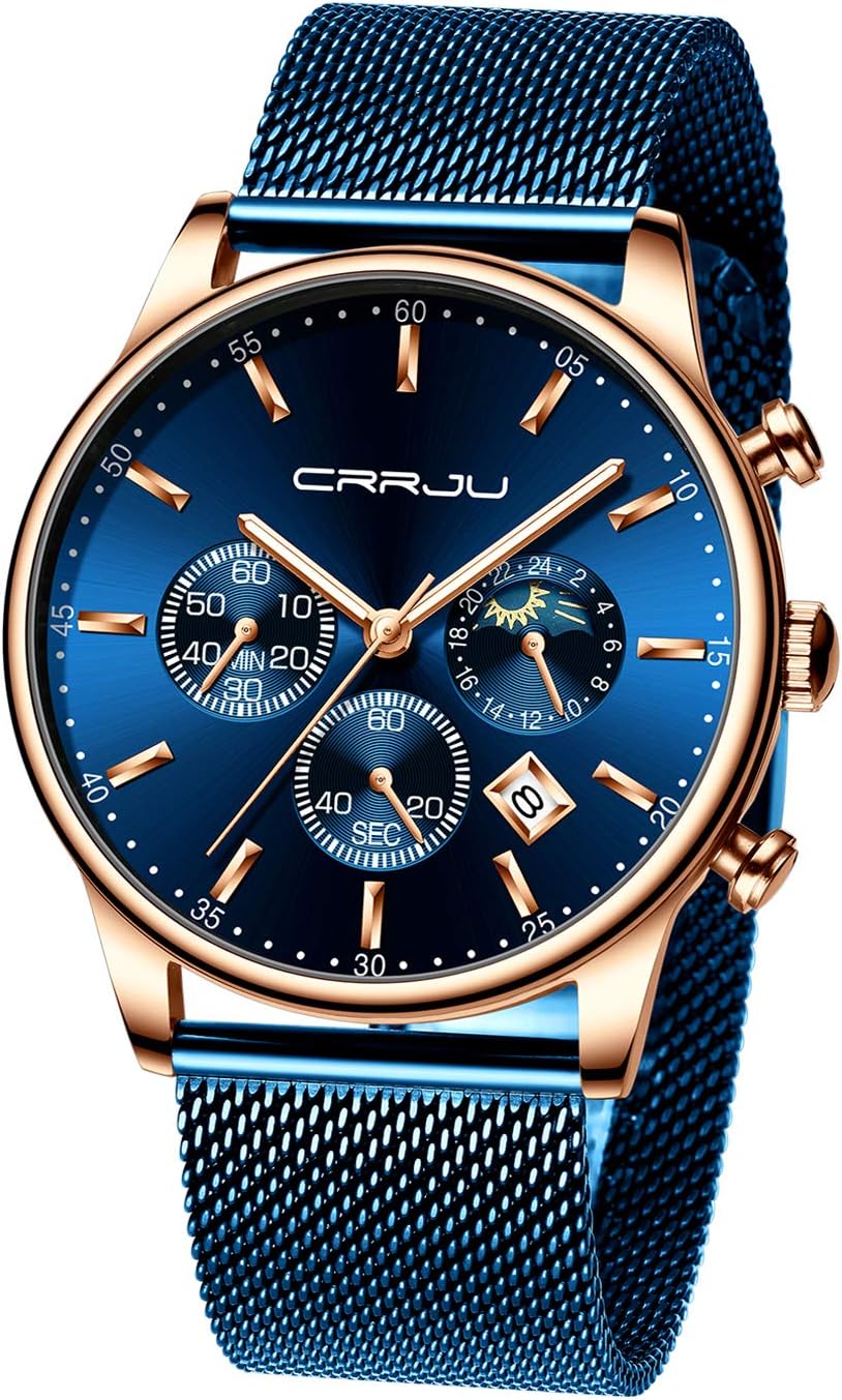 HOTCRRJU Men's Fashion Casual Watches Auto Date Chronograph Watch Men Nice Work Watches Waterproof 30M Full Steel Quartz with Mesh Strap