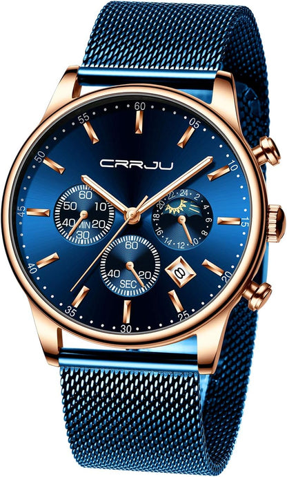 HOTCRRJU Men's Fashion Casual Watches Auto Date Chronograph Watch Men Nice Work Watches Waterproof 30M Full Steel Quartz with Mesh Strap