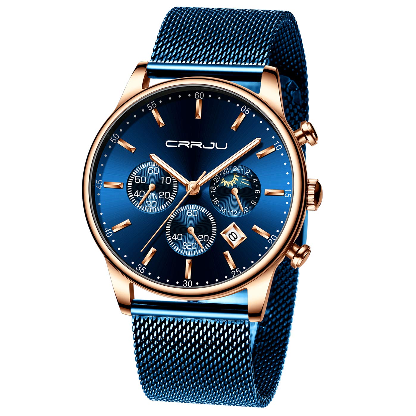 HOTCRRJU Men's Fashion Casual Watches Auto Date Chronograph Watch Men Nice Work Watches Waterproof 30M Full Steel Quartz with Mesh Strap