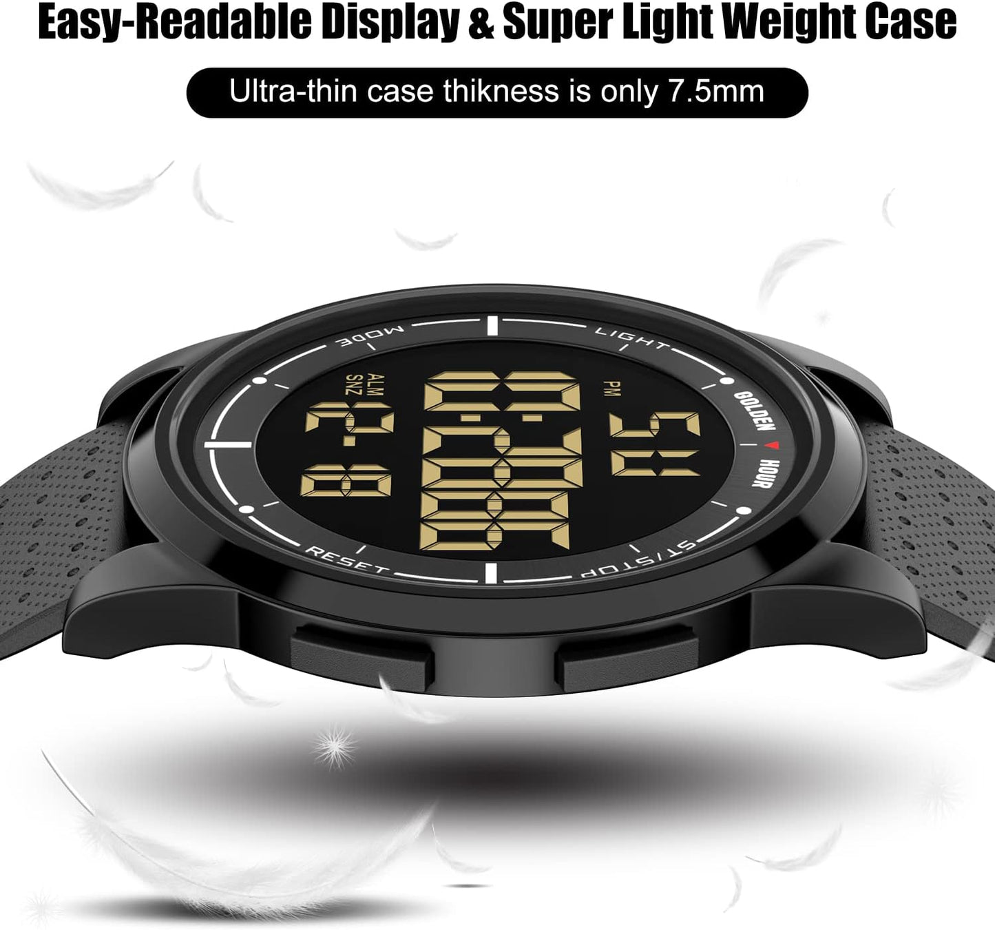 HOTGOLDEN HOUR Ultra-Thin Minimalist Sports Waterproof Digital Watches Men with Wide-Angle Display Rubber Strap Wrist Watch for Men Women