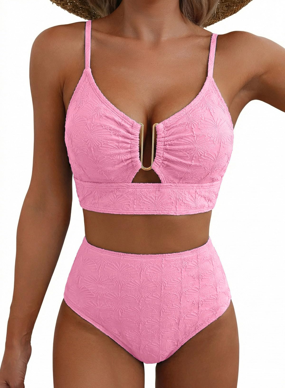 HOTHerseas 2 Piece Bikini Set U-Wire Cutout Popular Swimsuit High Waisted Textured 2026 Summer Beach Swim Bathing Suits